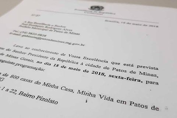 Documento da Presidência da República confirma vinda de Michel Temer a Patos de Minas