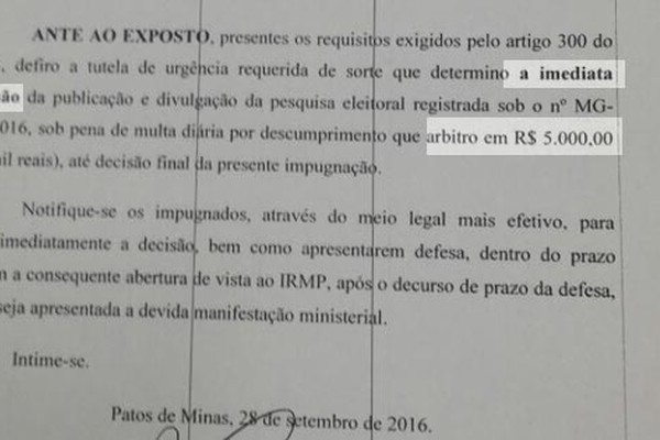 Justiça suspende divulgação de pesquisa eleitoral em Lagoa Formosa; pesquisa não seria de candidato