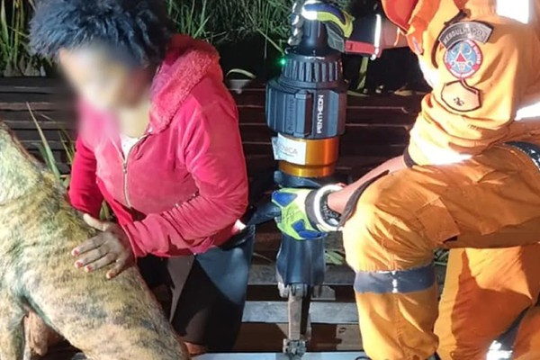 Bombeiros resgatam mulher que ficou presa após cair embriagada em mata-burro
